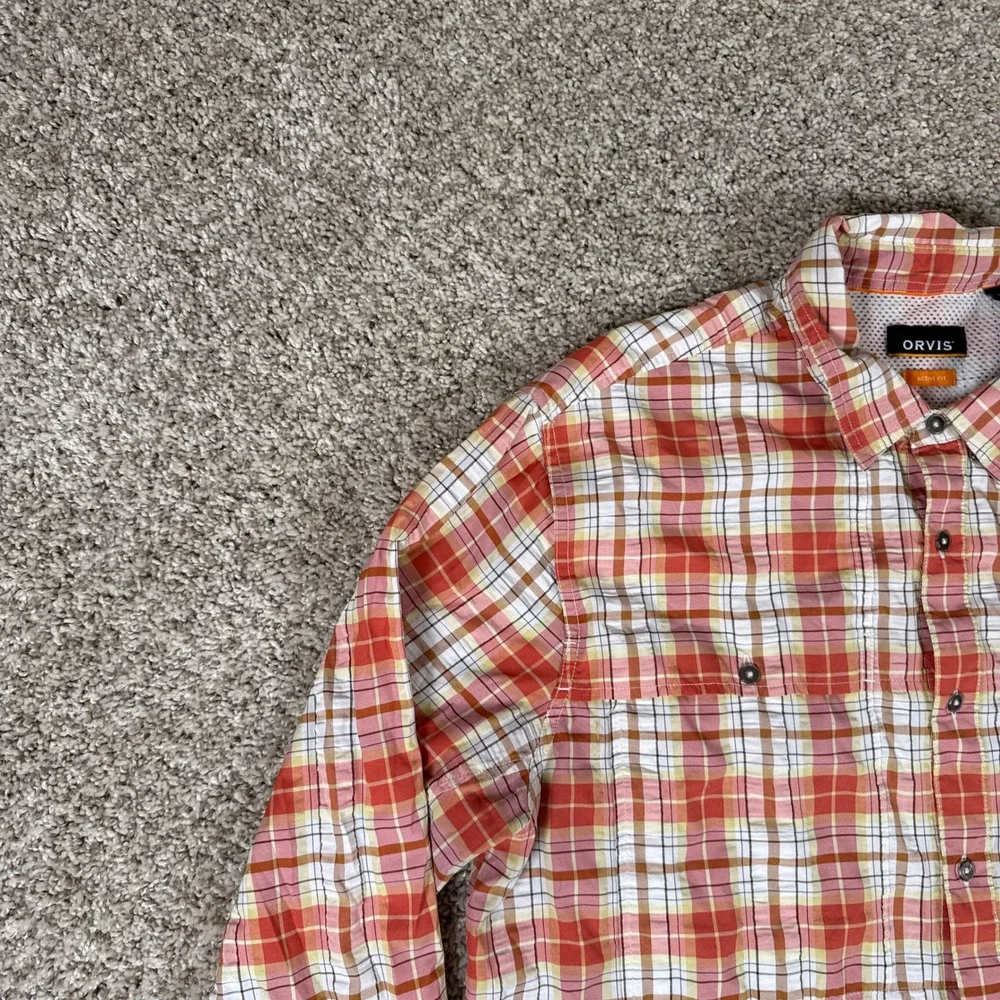 Orvis Shirt Mens Medium Orange Plaid‎ Active Fit Ventilated Fishing Button Down